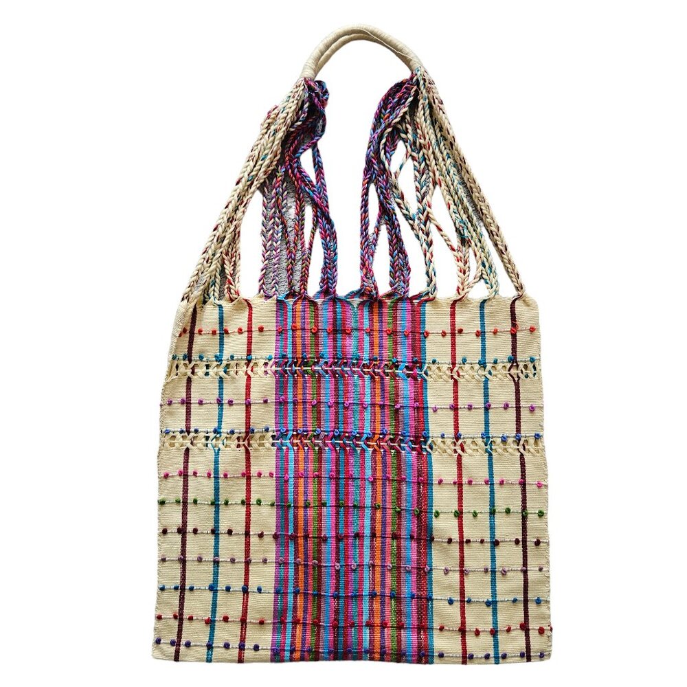 NWOT Embroidered Striped Hammock Mexican Tote Bag Handmade Hand-Woven Cotton